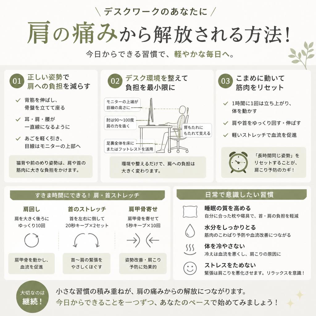 デスクワークのあなたに、肩の痛みから解放される方法を！